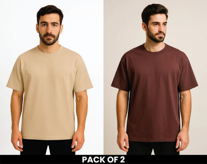 PACK OF 2 BROWN AND BEIGE DROPSHOULDER TSHIRT