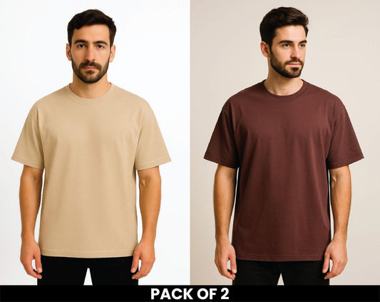 PACK OF 2 BROWN AND BEIGE DROPSHOULDER TSHIRT