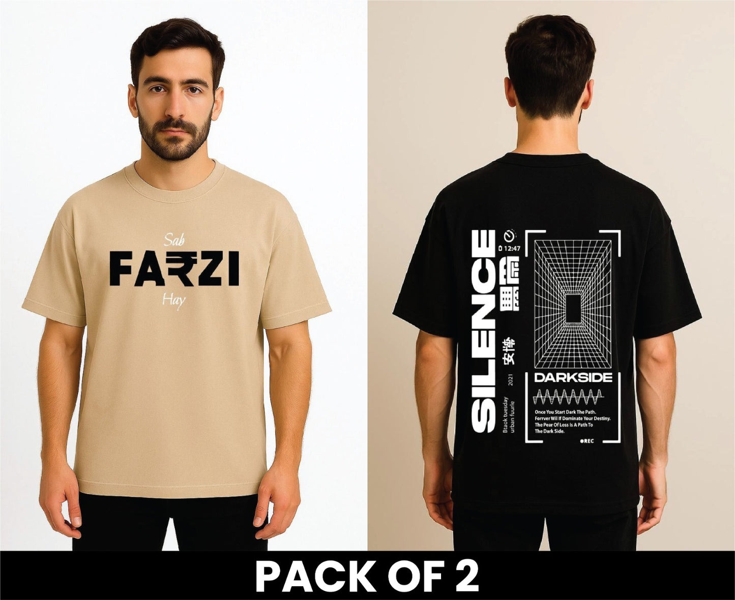 Pack Of 2 DropShoulder T Shirt Sab Farzi Hai Beige And Silence Black
