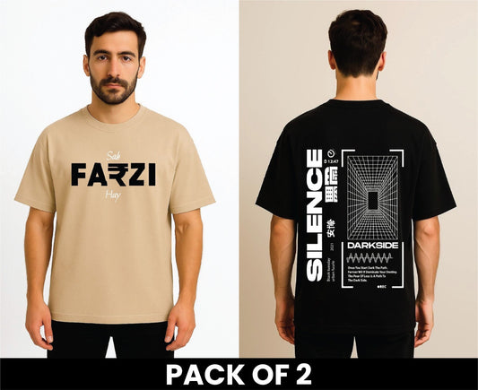 Pack Of 2 DropShoulder T Shirt Sab Farzi Hai Beige And Silence Black