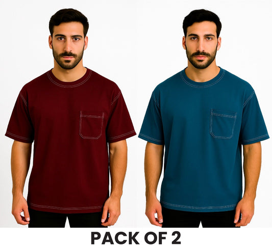 PACK OF 2 CONTRAST STITCHING MEHROON AND TEAL BLUE DROPSHOULDER TSHIRTS