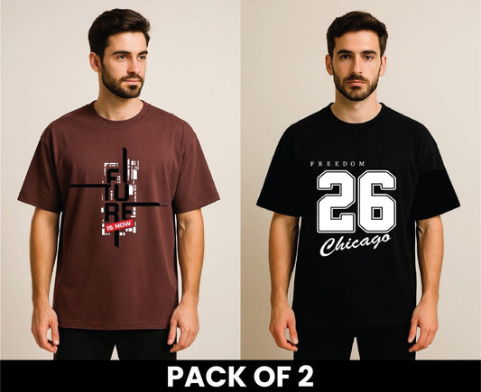 Pack Of 2 DropShoulder Tshirt Future Is now Brown And Freedom 26 Black