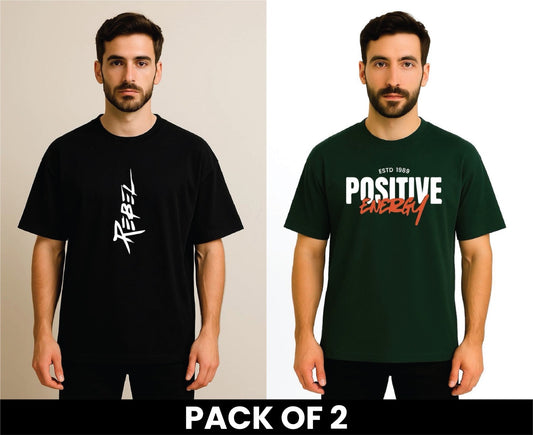 Pack Of 2 DropShoulder Tshirt Rebel Black And Positive Energy Green