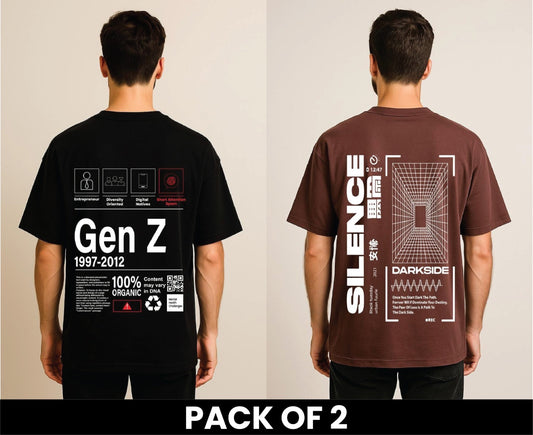Pack Of 2 DropShoulder T shirt Gen-Z Black Silence Brown