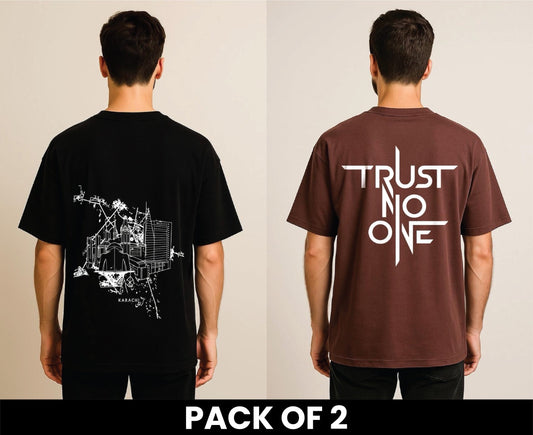 Pack Of 2 DropShoulder T Shirt Trust No One Brown And Karachi Black