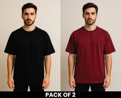 PACK OF 2 BLACK AND MEHROON DROPSHOULDER TSHIRT