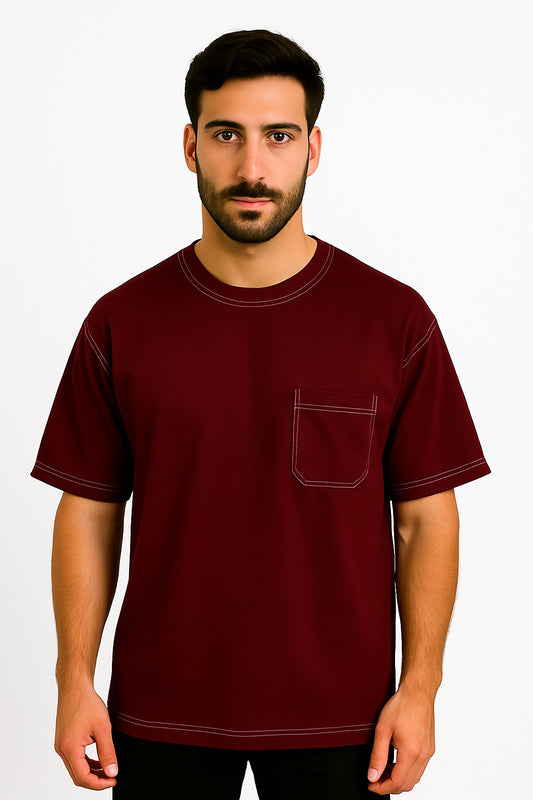 White Stitching Mahroon Dropshoulder T-Shirt