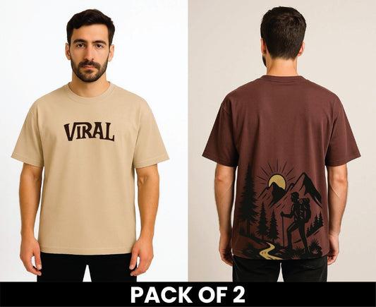 Pack Of 2 DropShoulder T Shirt Viral Beige And Adventure Brown