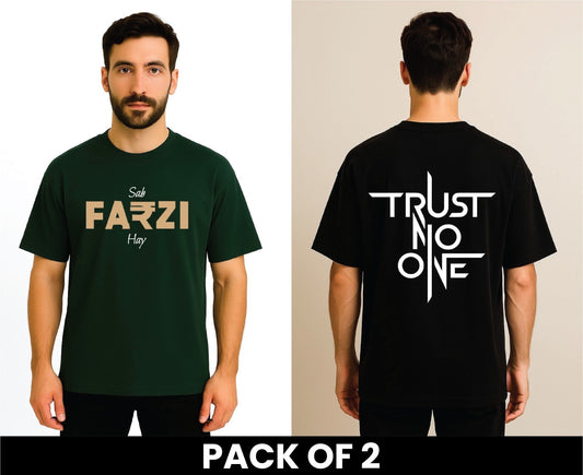 Pack Of 2 DropShoulder Tshirt Trust No One Black And Sab Farzi Hai Green