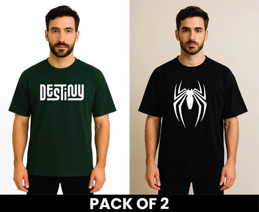 Pack Of 2 DropShoulder Tshirt Destiny Green and Spider Black