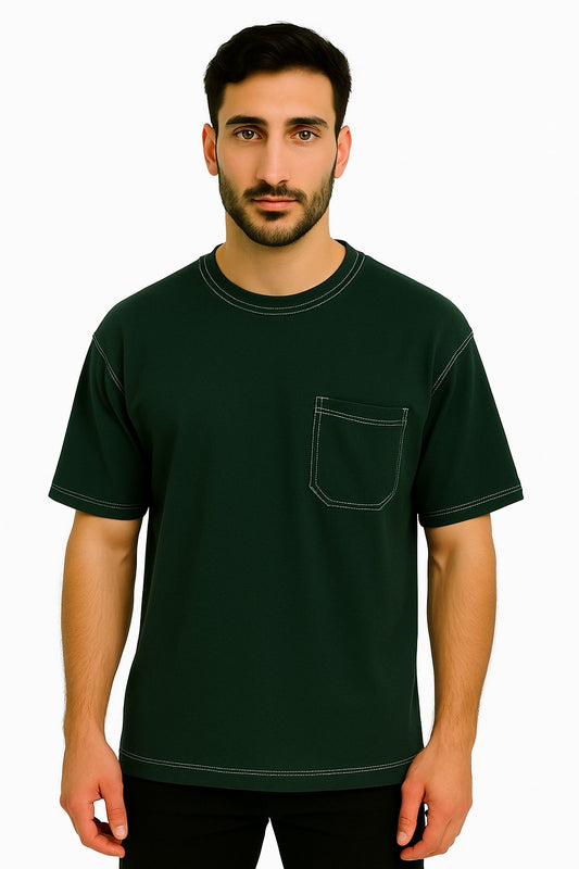 White Stitching Green DropShoulder T-Shirt