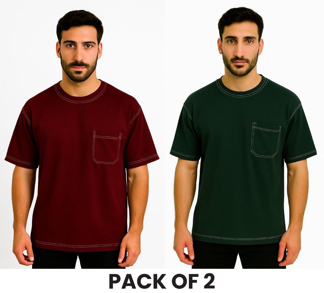 PACK OF 2 CONTRAST STITCHING GREEN  AND MEHROON  DROPSHOULDER  TSHIRTS